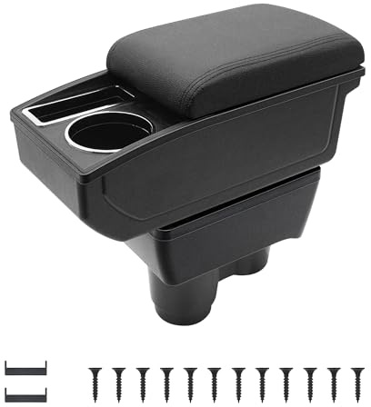KAERGK Car Armrest Box Compatible With Renault Dacia Duster II 2018-2023 | Double-Decker Storage Space, with Cup Holders, Easy to Assemble, Adjustable, PU Leather, Black Line