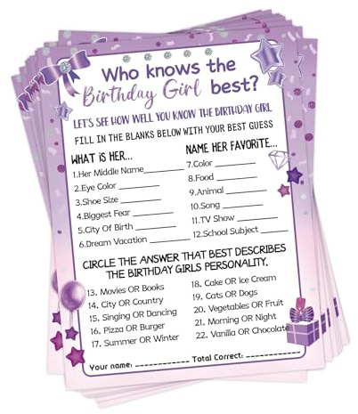 Who Knows The Birthday Girl Best, 30 Pcs Birthday Games for Girls, Purple | Girls Kids Women's Sleepover Party Games, Would She Rather - 15x20cm Set of 30 (Double-sided)