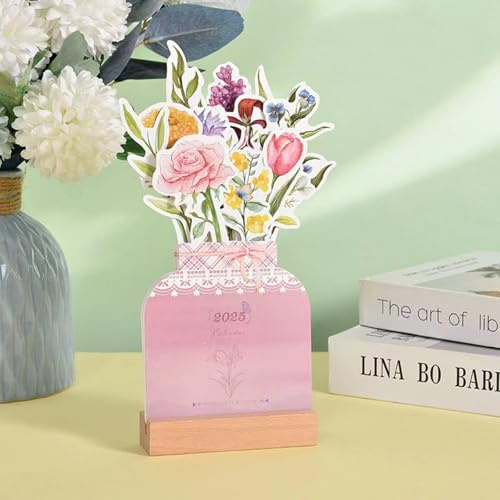 Bloomy Flowers Desk Calendar 2025,Creative Flower Desk Calendar with Wooden Base,Blooming Bouquet Calendar,Removable Vase Shaped Monthly Calendar Planner for Home, Office and Desk Accessories