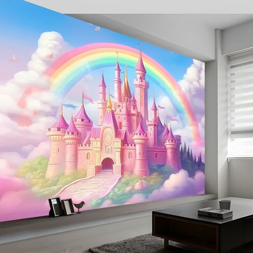 Papier Peint Intissé Château Fantastique Et Magique Motif Panoramique pour Enfant Adulte Chambre Décoration 350 x 256 cm Poster Rose Personnalisé Murales
