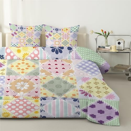 Buntes Retro Blumen Bettdecke 135x200 4 Jahreszeiten, Steppdecke 135x200, Warme Ganzjahresdecke Gestreiftes Patchwork Bettdecke ohne Bezug Waschbar Schlafdecke mit 2 Kissenbezug 80x80cm - A72