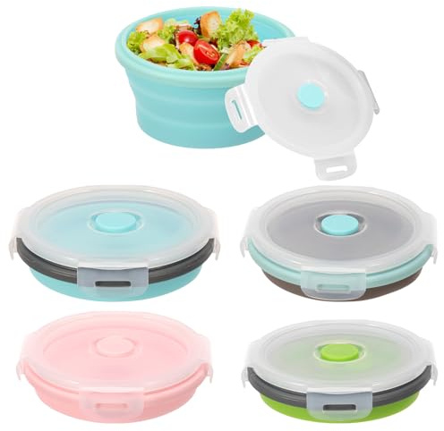 shaojian 5Pcs 350ml Collapsible Bowl with Lid Foldable Silicone Lunch Box Salad Bowls Portable Expandable Fresh Food Containers, Camping Travel and Picnic Accessories Set, Microwavable Safe