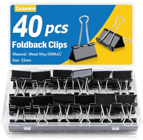 40 stycken svarta foldback-klämmor sats, Caianwin 32 mm bindare klämmor metall pappersklämmor multifunktionsklämmor, dokumentklämmor pappersklämmor metall för skola kontorsmaterial brevpapper