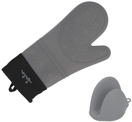JATA HOGAR HACC4524 - Manoplas Horno. Guantes Cocina Resistentes al Calor y al Frío. Antideslizantes y Flexibles. Incluye Pinza de Silicona. Uso Ambidiestro