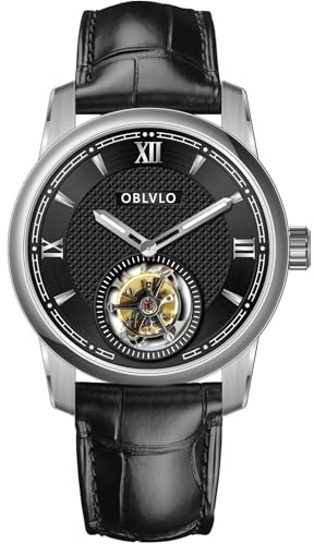 OBLVLO Lyxig roséguld Tourbillon herrklocka mode automatiska klockor äkta läder vattentät klocka för herrar JM-TB, JM-TB-YBBL, Mode