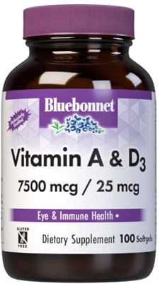 Bluebonnet Nutrition Vitamin A & D3 25,000 IU/1,000 IU from Deep Sea, Cold Water, Fish Oil - For Eye Health & Immune Function* - Gluten Free - Dairy Free - Molecularly Distilled - 100 Softgel/Servings