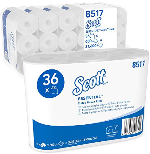 Scott Essential Toilettenpapier 8517, weißes 2-lagiges Klopapier, FSC-zertifiziert und aus recycelten Fasern, 36 Toilettenpapierrollen x 600 Blätter (21.600 Blätter)