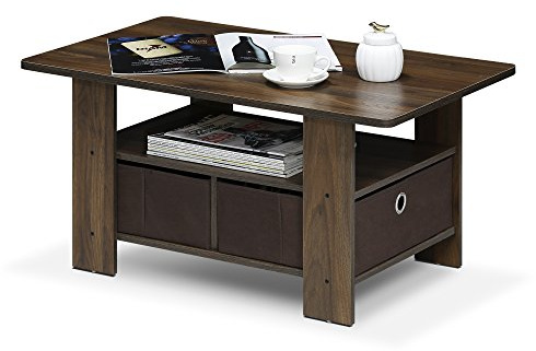 Furinno Andrey Coffee Table with Bin Drawer, Columbia Walnut/Dark Brown