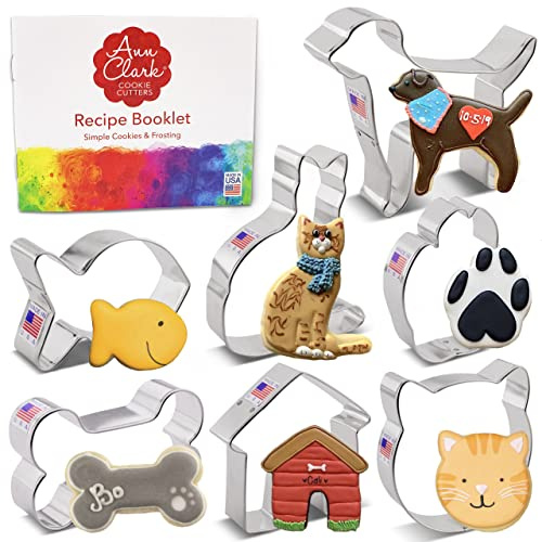 Pet Cookie Cutters 7-Pc. Set Made in The USA by Ann Clark, Paw Print, 4 Bone, Labrador, Cat Face, Curled Cat, and More