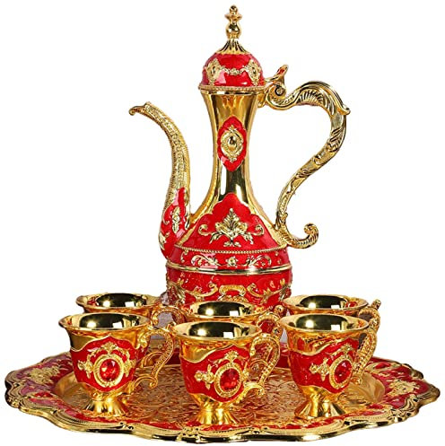 Agatige Cafetera turca vintage con 6 tazas de café, juego de té turco de metal que incluye bandeja de té artesanal, tetera y tazas de té para regalo de boda(rojo)