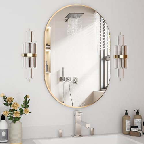 NEUWEABY Espejo Ovalado para baño y tocador, Espejo de píldora 50x75cm, Moderno Grande con Marco de Metal Dorado, decoración para entrada y dormitorio