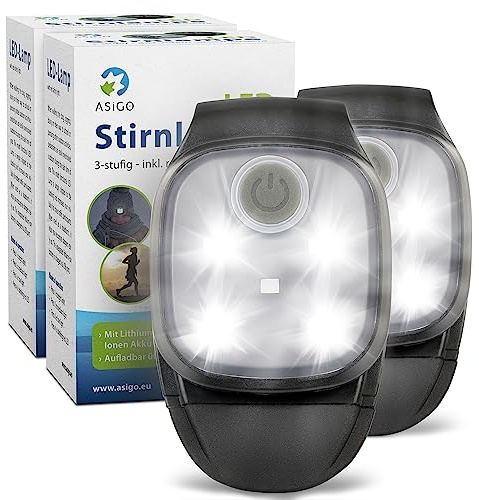 Asigo LED Stirnlampe - 2er Set, Clip Lampe USB-aufladbar, wasserdicht | 3 modi, Freihändig verwendbar, ideal für Angeln, Laufen, Wandern, Arbeiten. Perfekt für Kinder.