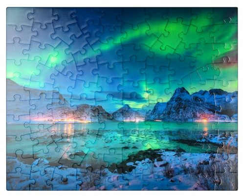 MyPuzzle Aurora Borealis Over Sea Coast, Lights At Night. Northern Lights On Lofoten Islands, Norway - Premium 100 Piece Jigsaw Puzzle for Adults