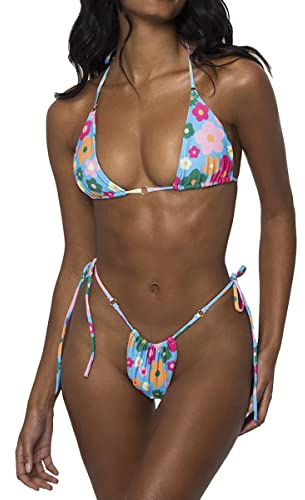 LUNNTE Damen Halfter String Bikini Set Sexy Tanga Frech Zweiteilige Badeanzüge Einfarbige Badebekleidung (Blau Blume, M)