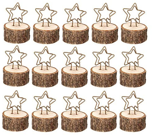 HomeSoGood 15 x Holz-Foto-Clips, Zettelhalter, Fotohalter Draht, runde Eisen-Klemmen, Notizkartenständer, Bilderrahmen, Tischnummernhalter, Hochzeitsbedarf, Schreibtisch-Dekoration (5,6 cm, Holz)