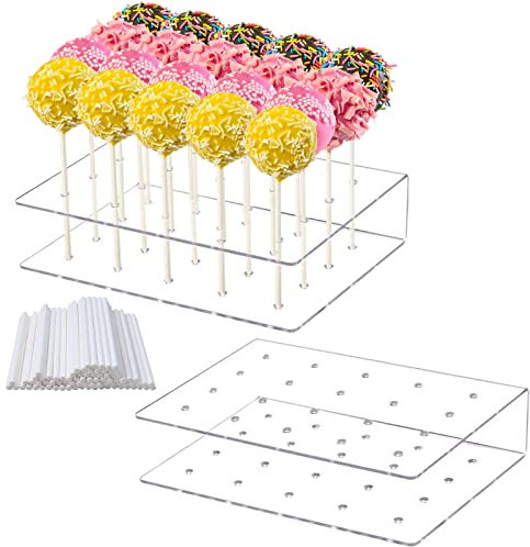 Ksvaye 2 Piezas Soporte para Piruletas Soporte Cake Pops con 100 Piezas Palos de Piruleta Soporte de Piruleta de AcríLico Transparente de 20 Agujeros para Bodas Baby Showers Fiestas de Cumpleaños