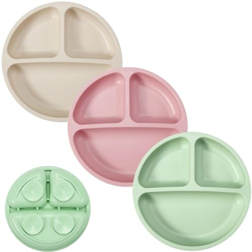 PandaEar 3er Set Silikon-Teller für Babys – Rutschfester Saugnapf Kinderteller mit 3 Fächern – Ideal für Beikost & Selberessen (BLW) – Lebensmittelecht & BPA-frei (Hellgrün/Hellrosa/Leinen)