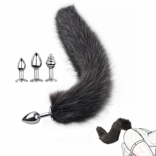 Axcroo 3 Stück Edelstahl Analplug mit Lang Fuchsschwanz Set Analkugeln Anal Perlen Klein Butt Plug Dilatator Analdildo Cat Fox Tail Sexy Cosplay SM Erotik Sexspielzeug Für Frauen Paare (Schwarz)