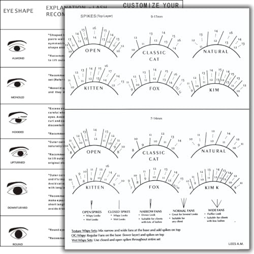LEES A.M. 1 x Wimpern-Mapping-Diagramm für Wimpernverlängerung, Anfänger-Training, Übungstabelle für Wimpernkarten-Zubehör, Anfänger-Wimpernverlängerung, Curl und Durchmesserblatt für