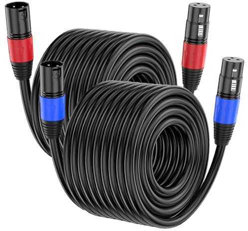 XLR Cable 50ft 2 Packs - Premium Balanced Microphone Cable with 3-Pin XLR Male to Female Mic Speaker Cable, Black, Pure Copper and Plated Conductors, PVC Jacket