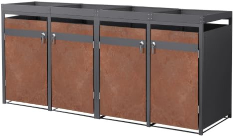 ML-Design Box pour 4 Poubelles avec Toit Végétal, jusqu'à 240L, 264x80x124 cm, Acier/Acier Corten, Anthracite/Aspect Rouillé, Résistant aux Intempéries, Habillage Verrouillable, Conteneur Abri