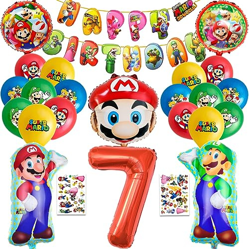 Kinder Geburtstag Party Set, 7 Jahre Kinder Geburtstagsdeko, 25 Stück Birthday Decorations Set,Enthält Geburtstag Banner, Tattoo-Aufkleber, Zahlenballon, Runde Folienballons, Ballon in Menschenform