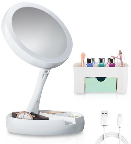 VITALIF Espejo de Maquillaje con Luz LED Premium y Aumento X10 – Funciona con Pilas o USB, Bajo Consumo, Espejo de Viaje con Organizador de Maquillaje Extra, Uso Diario
