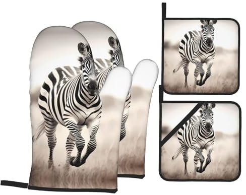 WZYWHJ Oven Mitts and Pot Holders Four-Piece Sets Oven Mitts Oven Gloves Pot Holders and Oven Mitts for Kitchen Baking Cooking Grilling Zebra Running Printed
