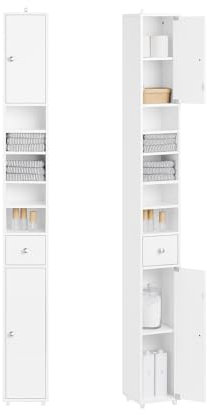 SoBuy Badezimmerschrank schmal Badschrank Hochschrank Badmöbel Hochglanz mit 6 Verstellbaren Regalen Wasserdichtes Schrank für Badezimmer Waschbeckenunterschrank Nischenregal 20x20x180 cm BZR167-GW