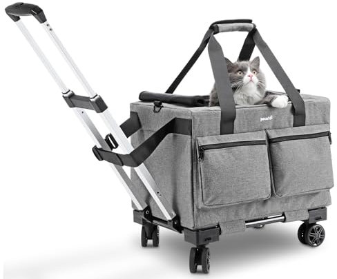 pecute Transporttasche Katze mit Rollen 2 in 1 bis 7 kg, Katzen Transportboxen, Abnehmbarer Faltbarer Katzentasche Hundetrolley mit Fenster, Hundetragetasche Schultergurt katzenbox, Grau