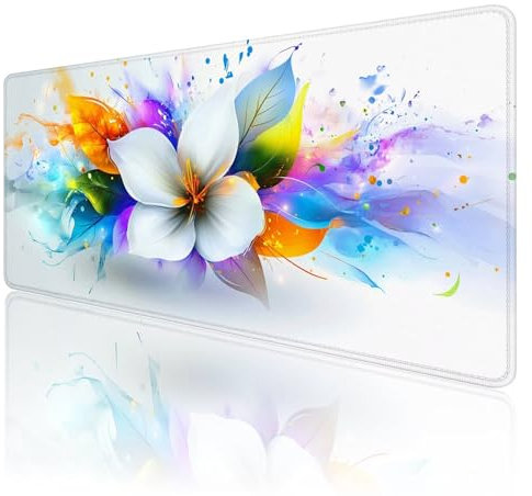 Tapis de Souris Fleurs Tapis de Souris Gamer XXL 1200x600x3mm ImperméAble Et AntidéRapant Mousepad Bords Cousus Une éTendu SousMains Tapis Souris Blanc pour Gamer, Pc et DéCoration de Bureau T88