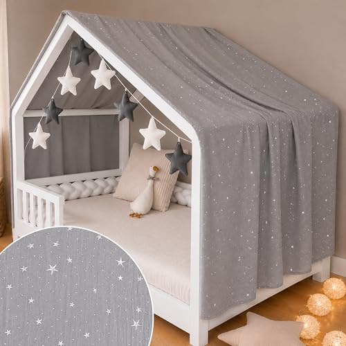 YellowNest Hausbett Himmel - 100% Baumwolle - Betthimmel Hausbett aus Musselin - Himmelbett Vorhänge für Bett 90x190 & 140x200 cm - Ohne Wimpelkette Kinderzimmer Stern (Grau, 130 x 400 cm)