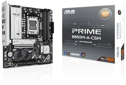ASUS Prime B850M-A-CSM, Carte mère AMD mATX, Emplacement DDR5, PCIe 5.0 prêt, 3 emplacements M.2, Ethernet Realtek 2,5 Go, DisplayPort, HDMI, USB-C Avant 5 Gbps, BIOS Flashback, Aura Sync