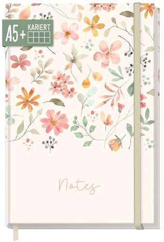 Häfft paper&you® Notizbuch A5+ kariert Journal Wild Blossoms | Notebook mit 156 karierten Seiten und Gummiband, 100g/m² Papier - für Tagebuch, Notizen und kreative Listen