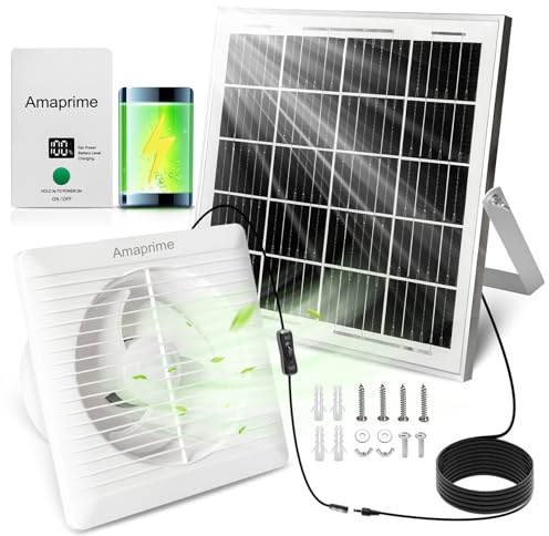 Solar Fan with Battery,25W 8 Solar Panel Fan Kit with 9000mAh Battery Day and Night， IP44 Waterproof Fans for Outside Chicken Coops, Greenhouses, Sheds, Intake or Exhaust Air Fan，Anti-backflow Valve