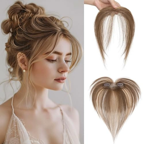 MY-LADY Clip in Pony Haarteil Echthaar Acht Charakter mit 2 Clips, Pony Fringe Perücke Luft 3D Haarverlängerung, Extensions Bangs Natürliche für Damen Farbe Mittelbraun/Dunkelblond