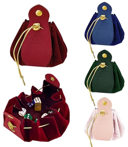 Diakey Würfelbeutel, Kordelzugbeutel mit Druckknopf, Leder-Samt, DND-Würfelbeutel, Aufbewahrungshalter, ideal für Schmuck, Münzen, kleine Geschenke, 4 Stück