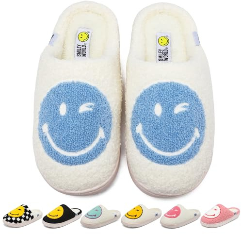 SMILEYWORLD® Zapatillas de felpa para mujer hombre Pantuflas mullidas con espuma viscoelástica Zapatos de felpa cálidos para interiores en invierno, azul blanco