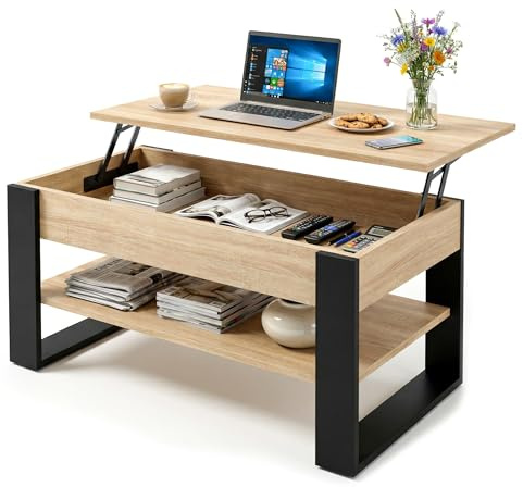 möbelkap Couchtisch mit anhebbarer Platte | Höhenverstellbarer Wohnzimmertisch mit Stauraum | Sofatisch Eiche Sonoma Schwarz modern mit Ablage & verstecktem Fach – Coffee Table für Wohnzimmer & Büro