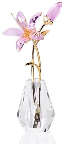 Crystal Lily Flower Figurine with Vase, Handmade Pink Lily Glass Flower Gifts for Women Mothers Day,Wedding Party Home Decor