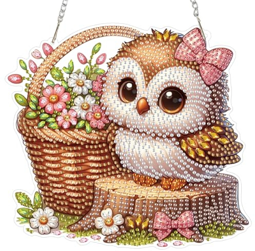 KEYIFA 5D Eulen Blumenkorb Diamond Painting Fensterbilder Erwachsene, DIY Diamond Painting Beidseitig Anhänger, Hängende Art Window Pictures Kit für Wohndeko Gift 20x20cm