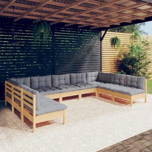 QJBSAVVA 9-TLG. Gartenlounge Set Modular aus massivem Kiefernholz mit grauen Polyester-Kissen 63,5 x 63,5 x 62,5 cm platzsparend für kleine Balkone Terrassen und Gärten
