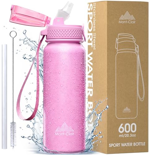 Mont-Clair Borraccia in Acciaio Inossidabile con Cannuccia - 600ml - Borraccia in Metallo senza BPA - Bottiglie d'Acqua per Bici Campeggio Sport - Disegno Brevettato - Rosa