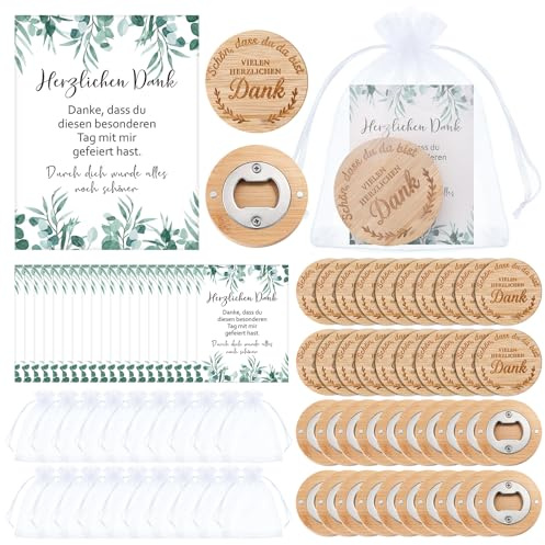 Fiada 20 Sets Hochzeit Gastgeschenke Flaschenöffner Hochzeit Geschenke | Schön dass du da bist, Holz Bieröffner Magnetisch, mit Organzasäcken, Danke Karten, für Firmung Geburtstage Partygeschenke