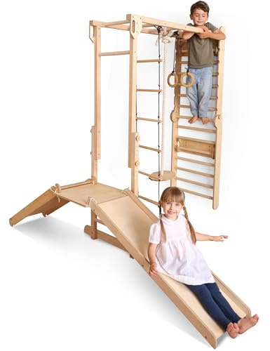 Goodevas Jungle Gym d’intérieur en Bois 9-en-1 pour Enfants, avec Espalier suédois, Barres de Singe, Barre de Traction, Anneaux, balançoire, échelle de Corde, Planche d’Escalade, Toboggan