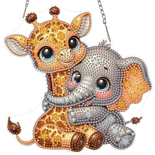 MXJSUA Giraffe and Elephant Diamond Painting Art Window Suncatchers, Diamond Art Kits for Adults Hanging Ornaments with Chain, Special Shape Crystal Diamond Pendant Accessories for Decor Gift