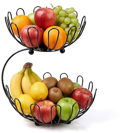 Crystals 2 Tier Fruit Storage Basket Countertop Kitchen Rack – Metal Vegetable Bread Bowl Stand, Space Saving Fruit Holder Organiser for Kitchen Counter, Pantry, Dining Room & Home Use