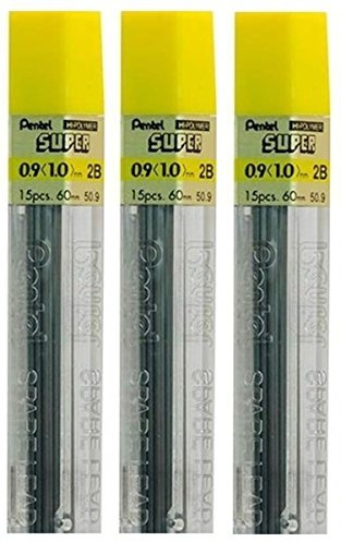 Pentel 0.9 mm, 2B paralume durezza matita ricariche porta Hi Pollymer super di ricambio per portamine automatico & (confezione da 3 tubi – 45 pezzi)