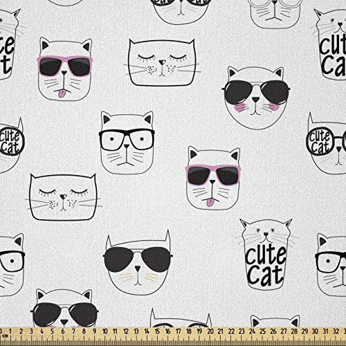 ABAKUHAUS Katze Stoff als Meterware, Coole Hipster-Sonnenbrille, Microfaser Stoff für Dekoratives Basteln, 1M (230x100cm), Weiß Schwarz Rosa