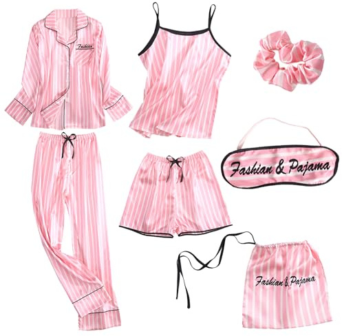 Jamron Mujer 7PCS Saten Conjunto de Pijama Tops & Pantalones Cortos Primavera Verano Ropa de Dormir Rosa Rayas SN07655 XL